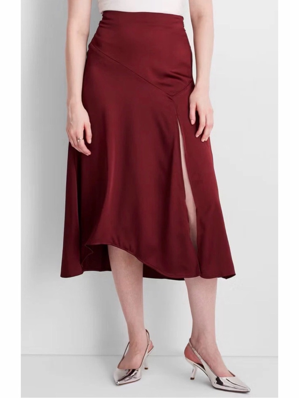 Future Collective Midi Skirt with Side Slit Burgundy